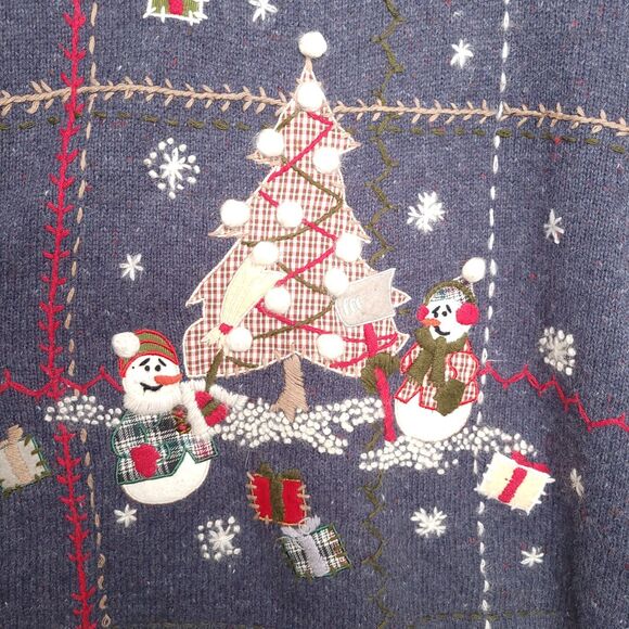 Vintage Ugly Christmas Sweater Snowmen Size L Blue Holiday Knit Embroidered - Picture 7 of 8